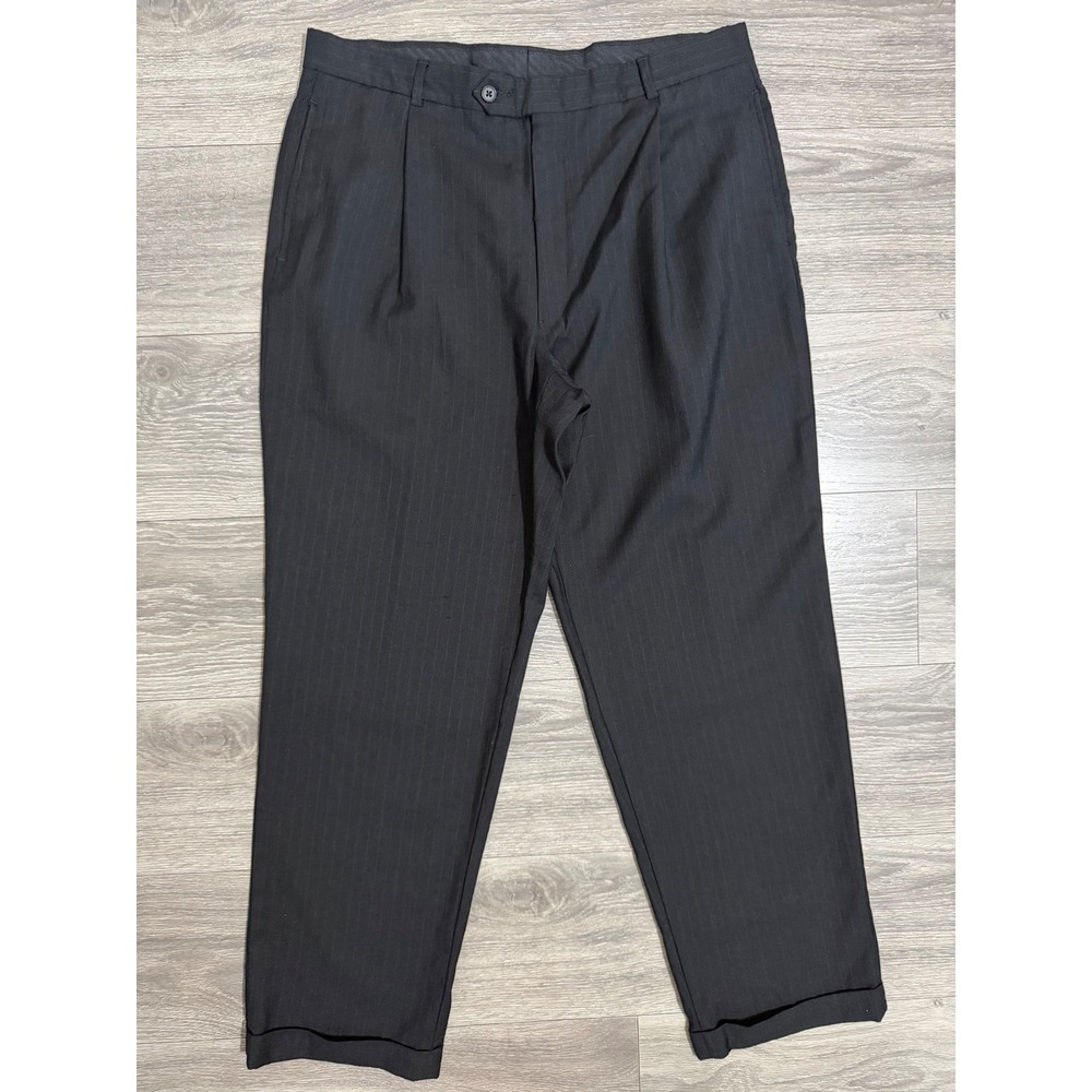 Pierre Cardin Men Size 36 Black Pinstripe Pleated Cuffed Dress Pants Trousers